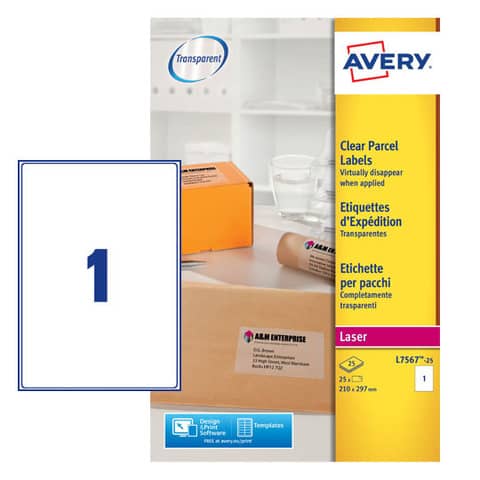 Etichette poliestere trasparenti lucide AVERY QuickPEEL™ 210x297 mm - 1 et/foglio - laser conf. 25 ff L7567-25